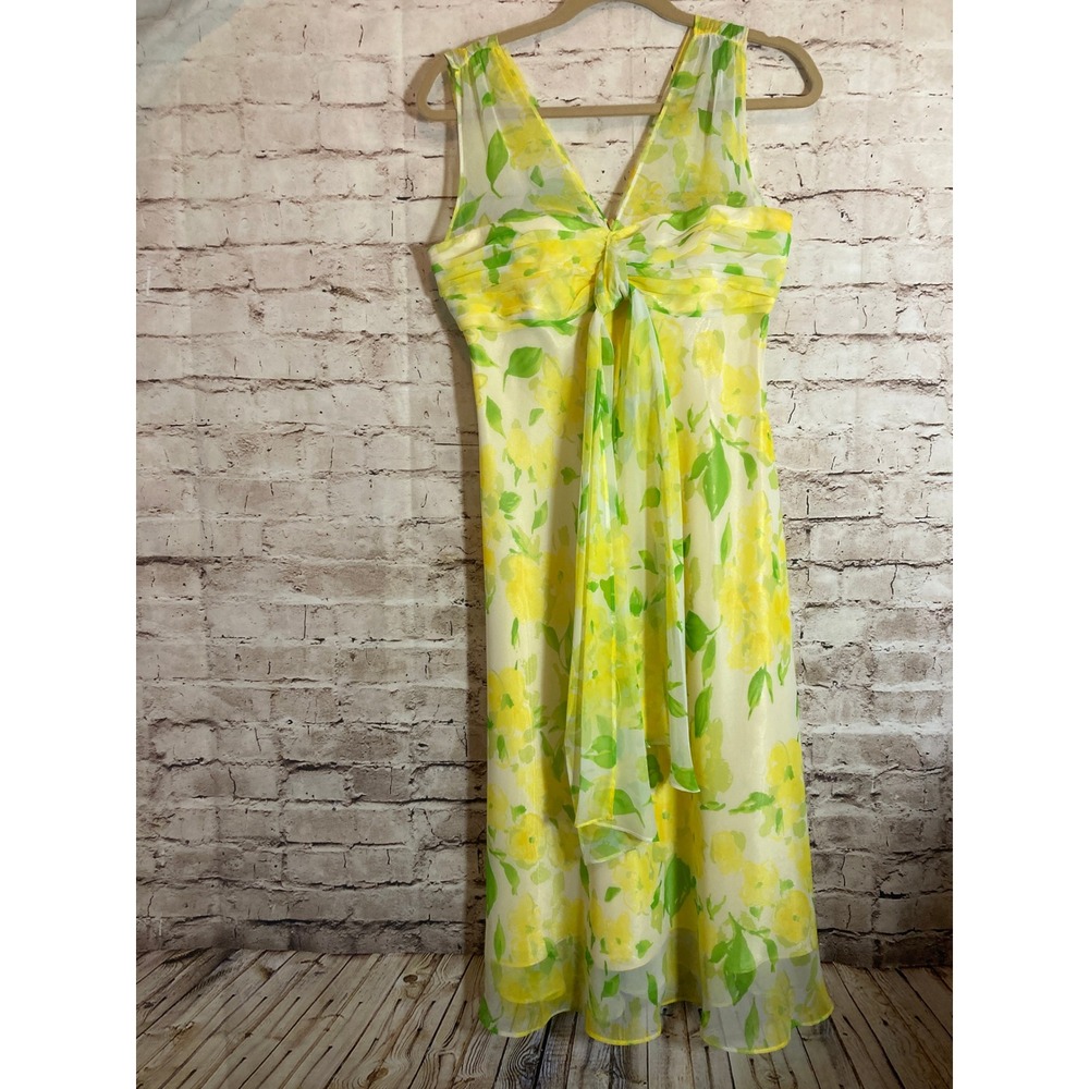 Cato Midi Dress Women's 10 Yellow Floral Chiffon V Neck Flowy Romantic Tie Front